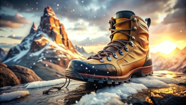 Mountaineering boot with crampons on a rocky wet terrain