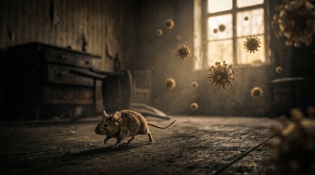 A small brown mouse scurries across a dusty wooden floor surrounded by airborne representations of the virus.