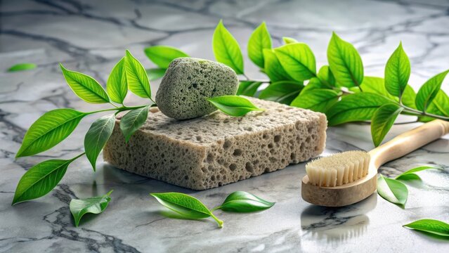 Natural pumice stone with green leaves and brushes on marble