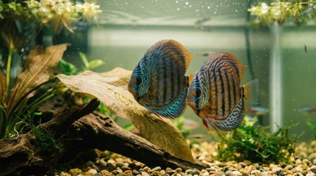 Two colorful discus fish swimming in a clear aquarium with green plants and rocks.