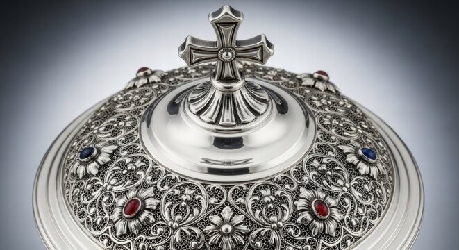 Ornate silver chalice with intricate filigree and precious gemstone details