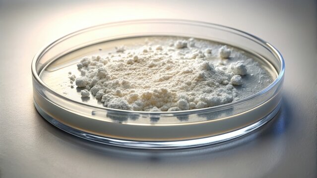 Petri dish with calcium carbonate powder on white background