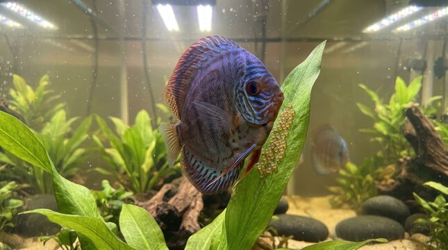 A blue and purple discus fish swimming in a well-lit aquarium with green plants and rocks.