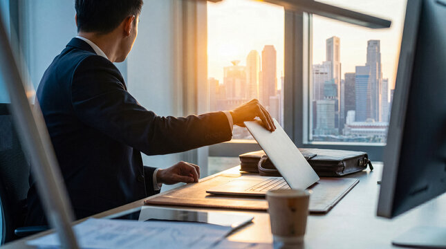 Diligent businessman closing his laptop at the end of a productive day, enjoying the urban cityscape from his office.
