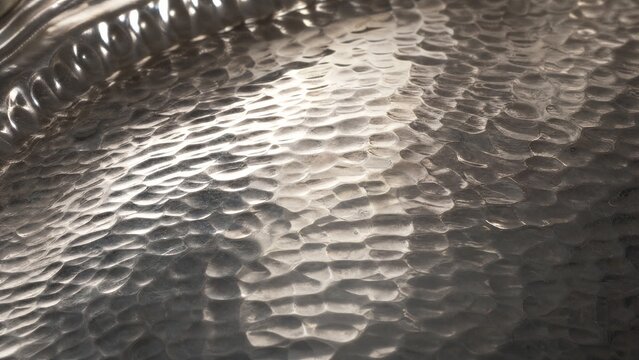 Close-up of a polished silver surface with fine hammered textures and metallic sheen.