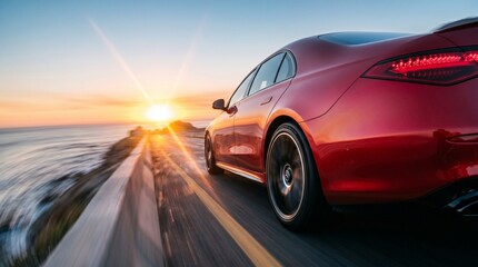 Fototapeta premium A red sedan speeds along a coastal highway at sunset, with the ocean on the left.