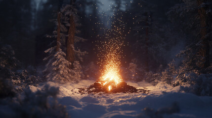 Fototapeta premium Warm campfire glows brightly in snowy forest clearing at night, with sparks rising into cold air surrounded by tall snow covered trees creating peaceful winter scene