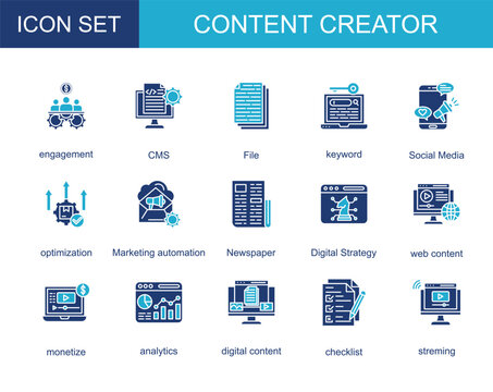content creator icon collection set. with engagement,CMS,File,keyword,Social Media,optimization,Newspaper