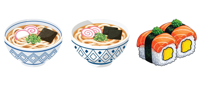 Set of japanese food including two bowls of ramen noodles and salmon sushi rolls
