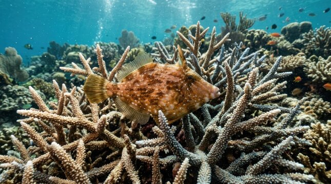 A filefish swimming among coral on a reef.