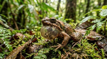 Obraz premium A frog with a large, round, white egg on its back, surrounded by green foliage in a forest setting.