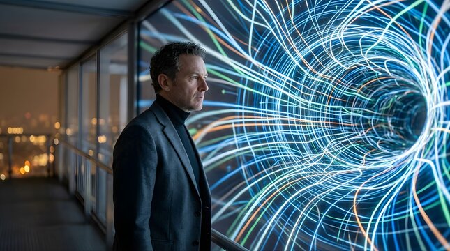 Mature businessman observing futuristic glowing data tunnel visualization