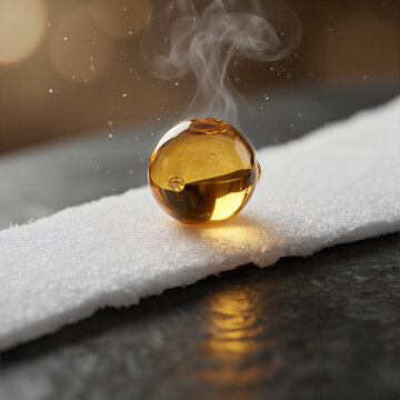 Extreme macro shot of essential oil droplet on mineral wool fiber showcasing intricate caustics and refractions - AI generated
