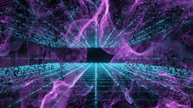 Abstract &ldquo;data erosion&rdquo; where structured grid slowly dissolves into organic flowing patterns then rebuilds,