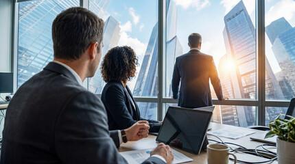 Business executives looking out at a vibrant city skyline from a modern office with bright sunlight. © Christine