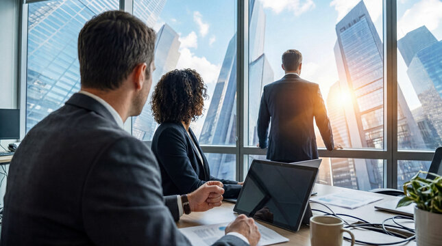 Business executives looking out at a vibrant city skyline from a modern office with bright sunlight.