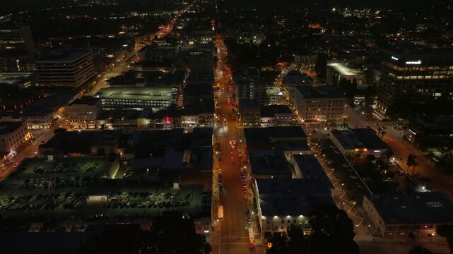 Night Downtown Pasadena California Drone Aerial View
