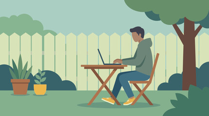 Freelancer working in backyard with laptop © Bima