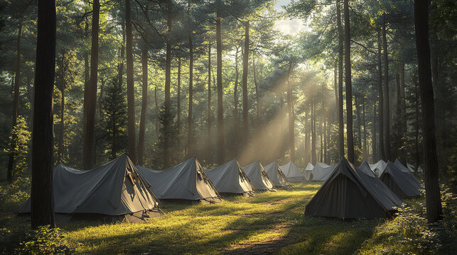 Military camp spring forest canvas tent sunlight rays pine trees outdoor camping nature scene peaceful atmosphere green grass early morning light