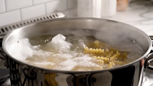 Closeup of Fusilli Pasta Boiling in a Pot of Water on a Stove.