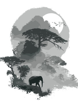 Majestic African Elephant Silhouette Under Partial Eclipse Moon &ndash; Black & White Savanna Vector Illustration On A Transparent Background 
