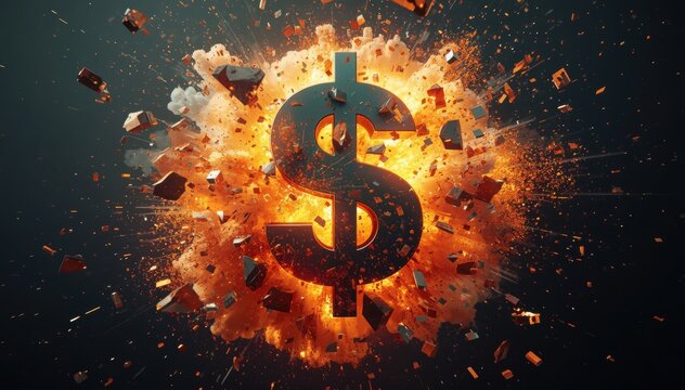 A large dollar sign explodes with fiery debris, symbolizing financial impact or economic disruption.