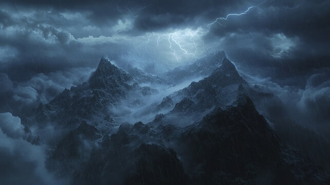 Mountain ridge swallowed by powerful storm with dark clouds, lightning, and mist creating dramatic and intense atmosphere over jagged peaks
