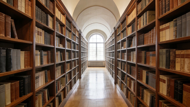 A long corridor lined with tall wooden bookshelves stretches towards a bright arched window in a quiet library reading room with books and peaceful atmosphere.