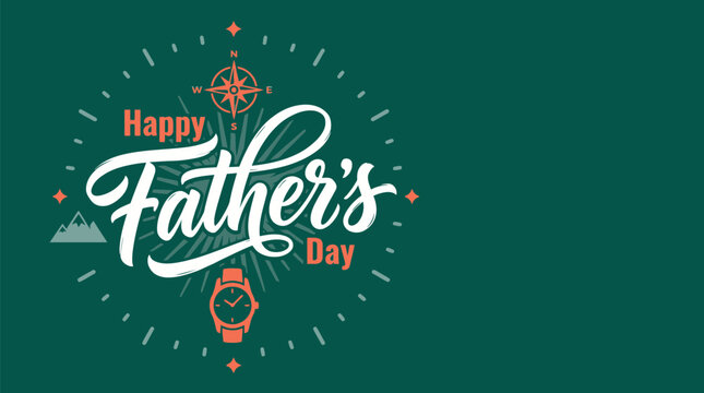 Happy Father's Day Adventure Calligraphy Banner with Compass Watch and Mountain Icons for Holiday Social Media Posts and Masculine Gift Promotions