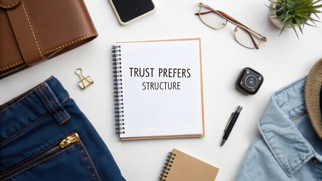 Flat lay of a workspace with notes, personal accessories, and clothing depicting a message about trust and structure for motivational content
