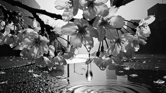 Black and white close up of a cherry blossom branch dripping into a puddle in an urban street with sunlight