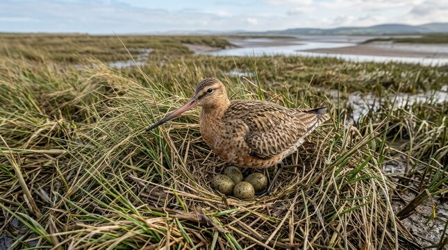 A black-tailed godwit with eggs on a grassy wetland with a lake in the background.