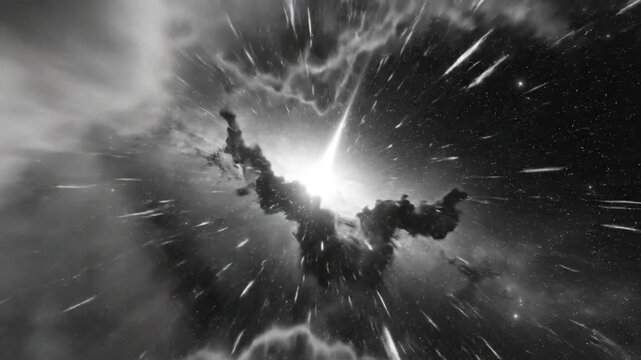 Black and white time lapse of a cosmic explosion creating a brilliant starburst in outer space