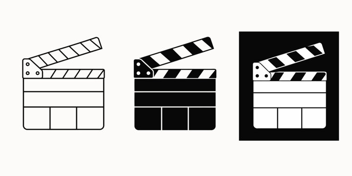Three film clappers in different designs are shown side by side on a plain white background for comparison purposes in a film production setting with clapper, boards, and movie.