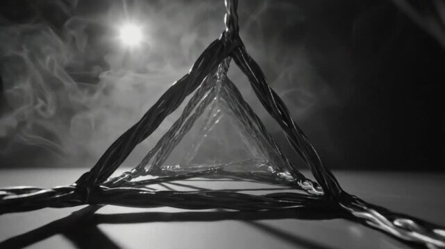 Abstract Pyramid Structure of Twisted Wires Against a Dark Smoky Background with a Bright Light