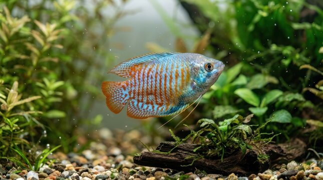 A colorful gourami fish swimming in a lush, green aquarium with rocks and plants.