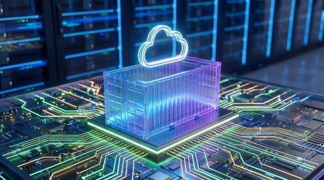 Glowing cloud computing and virtualization microservice container concept against a server room background
