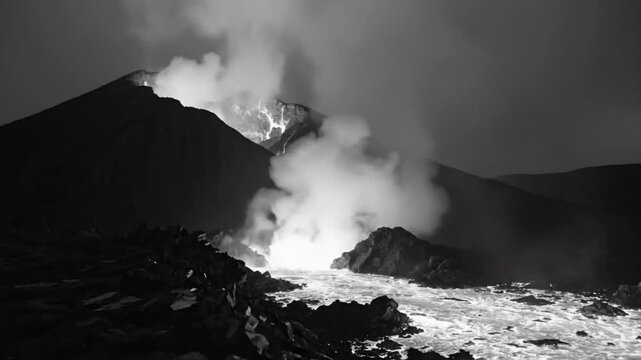 Epic monochrome video of a volcanic eruption, lava pouring into a river, mountain backdrop, dark atmosphere