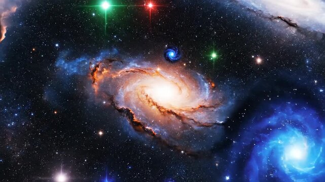 A vibrant cosmic spectacle of swirling nebulae, galaxies, and distant stars
