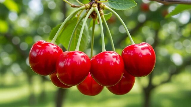 Ripe Red Cherries Hanging on Tree Branch
