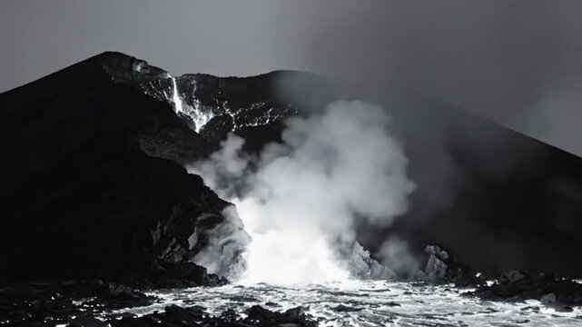 Dramatic black and white volcanic eruption at night, lava flow and smoke explosion, geological landscape