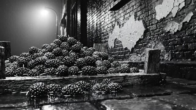 Black and white view of a rainy night, pile of dark berries in an alley, illuminated by streetlight