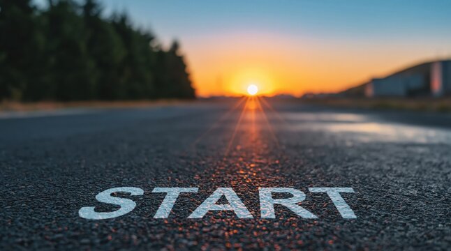 Start of a new beginning on asphalt road at sunset path to future motivation