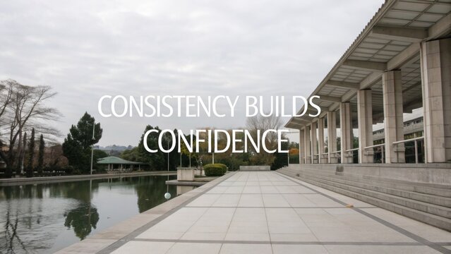 Modern architecture in serene landscape featuring reflective water, trees, and inspirational quote about consistency and confidence