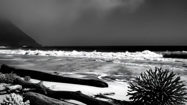 Dramatic black and white landscape of ocean waves crashing onto a secluded beach with driftwood and dramatic sky