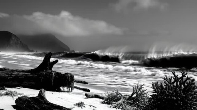 Dramatic black and white ocean waves crashing on a serene beach near driftwood and coastal vegetation under a moody sky
