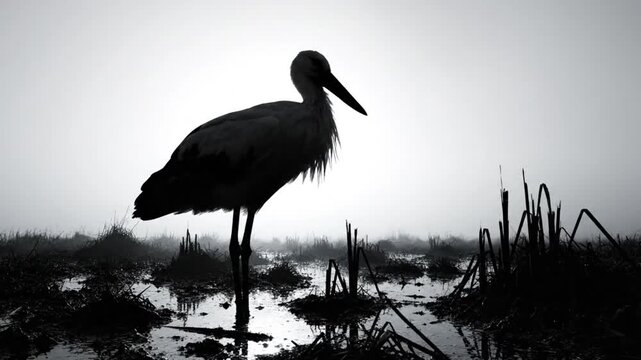 Monochrome Silhouette of a Majestic Heron Standing Calmly in Wetlands Surrounded by Foggy Atmosphere