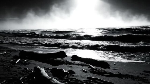 Dramatic monochrome beach scene with driftwood, waves crashing, and bright sun peeking through storm clouds.