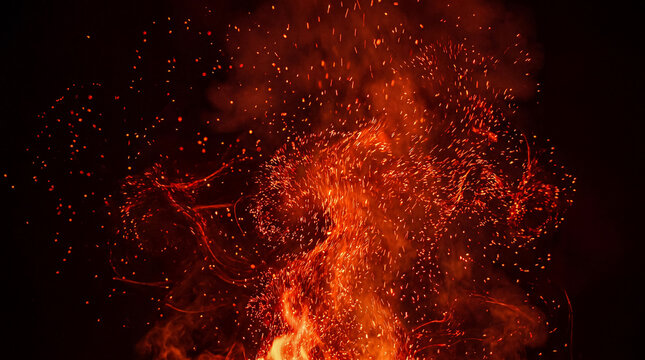 Exploding red-orange fire sparks ignite intensely in a dynamic, fiery swirl against a dark, dramatic abyss background.