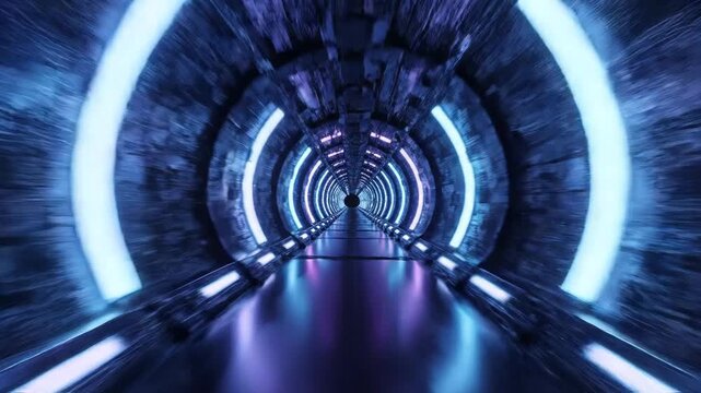 Futuristic neon tunnel with glowing blue and purple lights, dynamic camera movement through cyberpunk